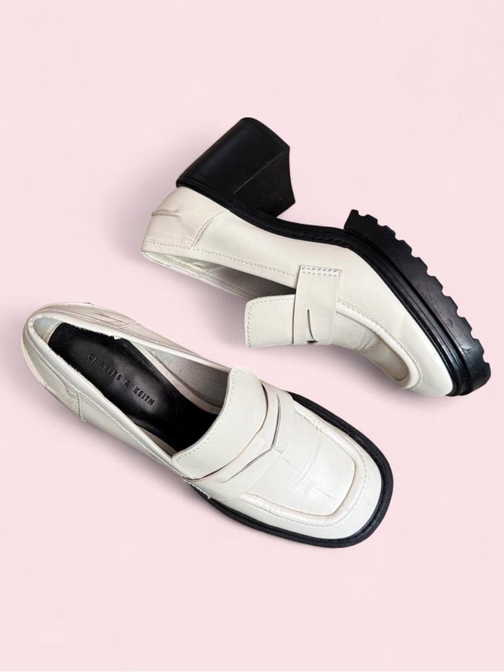 Charles & Keith Off-White Leather Loafers with Black Chunky Sole